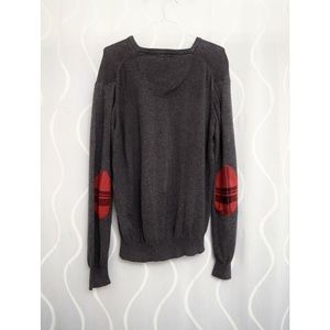 CHAPS Grey With Red Plaid Elbow Patch Knit V-neck Sweater | Size L